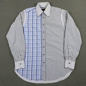 Etro Milano Shirt Mens 41 Blue‎ Check Plaid Patchwork Made in Italy Long Sleeve